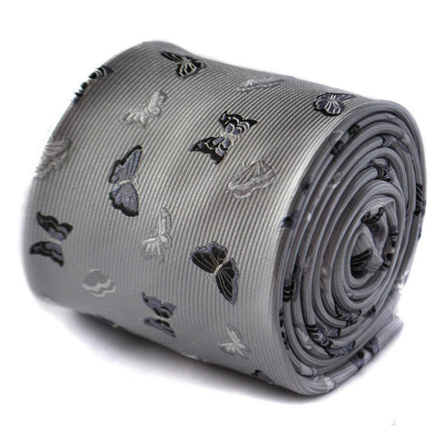 silver grey tie with butterfly embroidered design